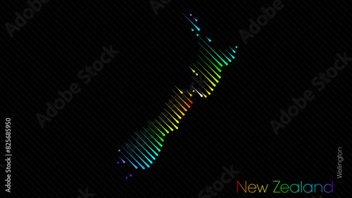 A map of New Zealand is presented in the form of colorful diagonal lines against a dark background. The country's borders are depicted in the shape of a rainbow-colored diagram.