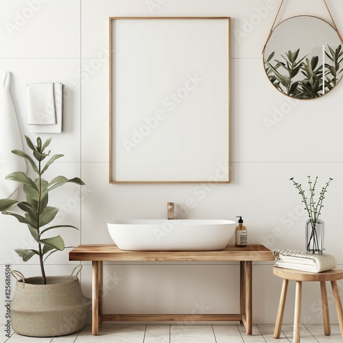 Frame mockup, bathroom powder room interior, wall poster frame