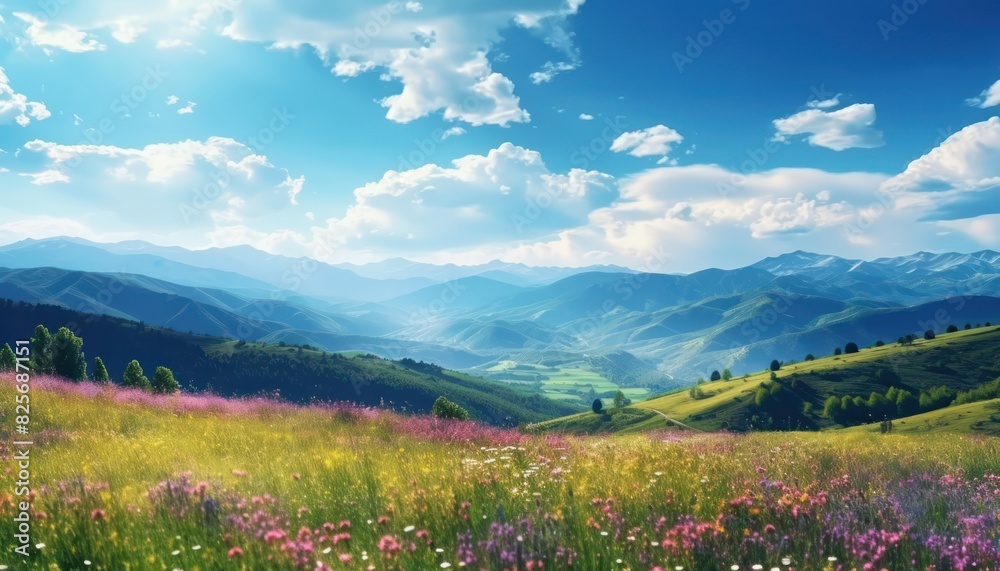 A stunning spring day landscaping views of fertile land surrounded beautiful green vegetation, wide stretches of hills and mountains with clear skies in spring