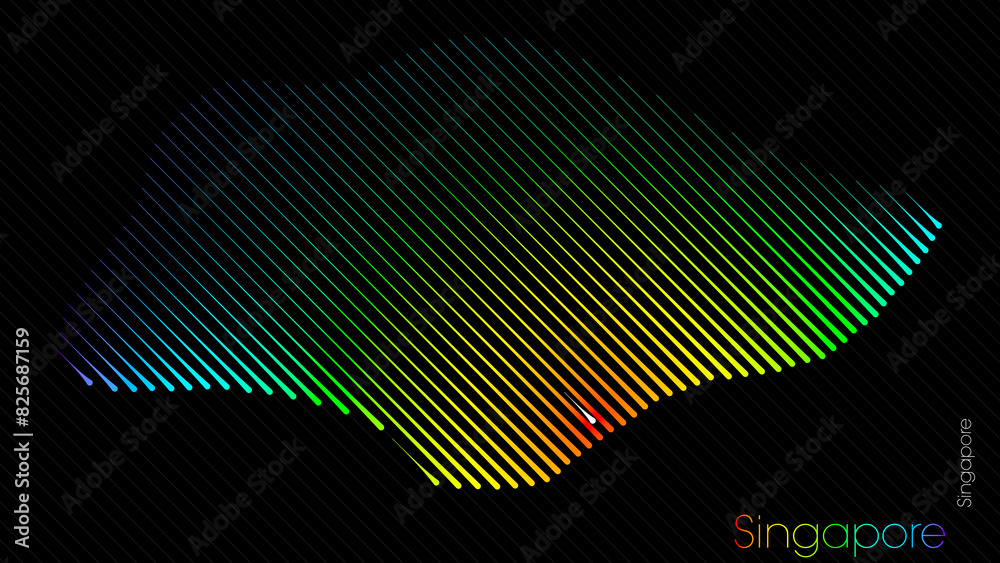 A map of Singapore is presented in the form of colorful diagonal lines against a dark background. The country's borders are depicted in the shape of a rainbow-colored diagram. A map of Singapore is presented in the form of colorful diagonal lines against a dark background. The country's borders are depicted in the shape of a rainbow-colored diagram.