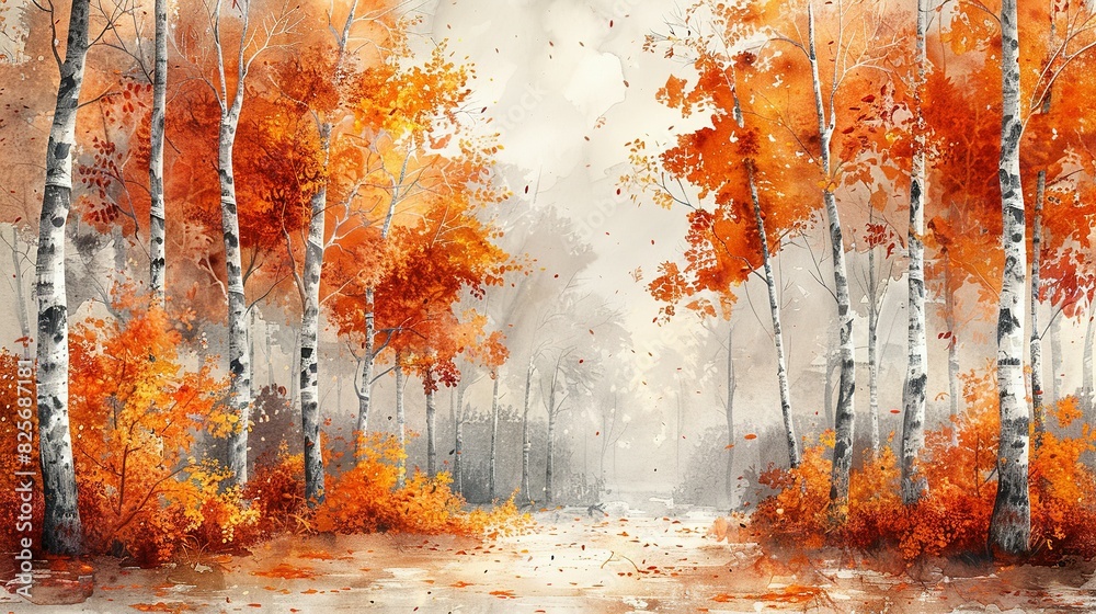 Fototapeta premium Birch Haven: Watercolor Autumn Landscape
