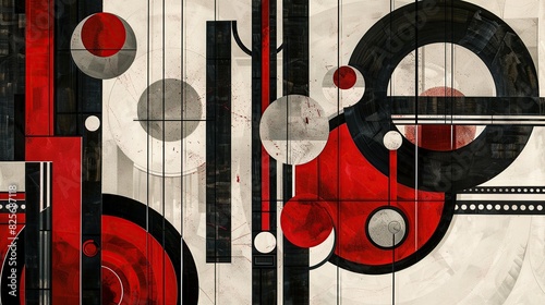 abstract art deco composition with circles and lines in red, black grey white and silver