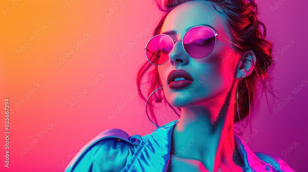 caucasian woman dressed in stylish neon clothes with a retro vaporwave background
