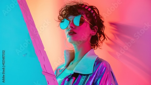 caucasian woman dressed in stylish neon clothes with a retro vaporwave background