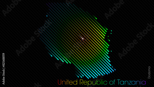 A map of United Republic of Tanzania is presented in the form of colorful diagonal lines against a dark background. The country's borders are depicted in the shape of a rainbow-colored diagram.
