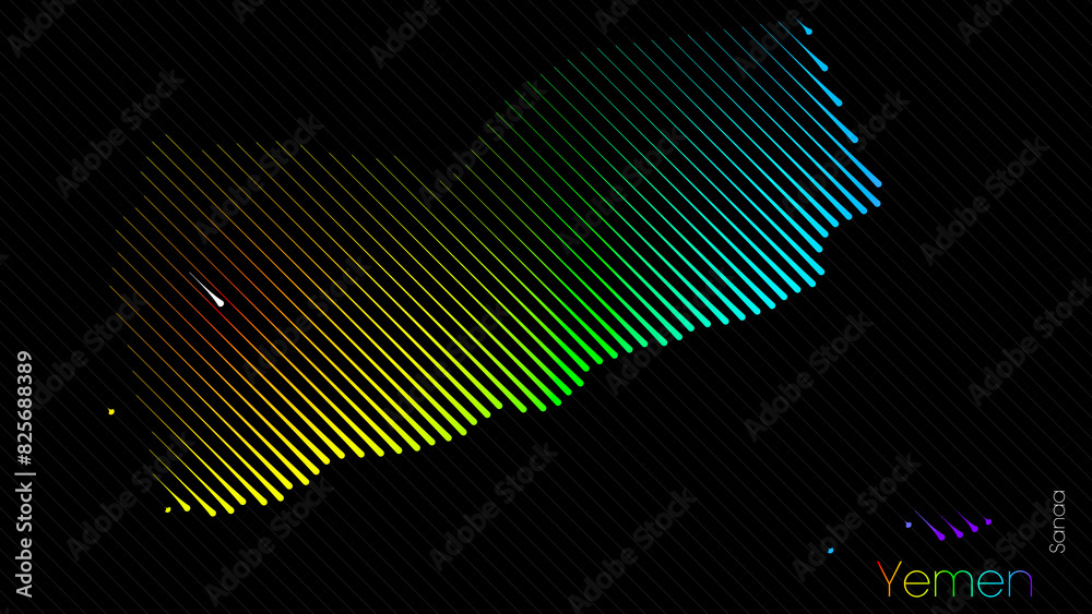 A map of Yemen is presented in the form of colorful diagonal lines against a dark background. The country's borders are depicted in the shape of a rainbow-colored diagram. A map of Yemen is presented in the form of colorful diagonal lines against a dark background. The country's borders are depicted in the shape of a rainbow-colored diagram.