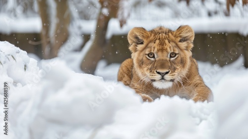 Lion a member of the Felidae family is the second largest cat species playing in the snow photo