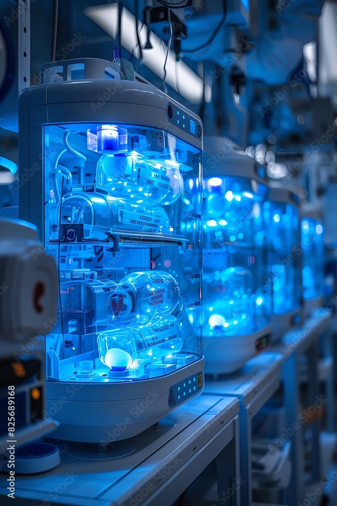 Automated laboratory equipment with blue lighting, showcasing advanced technology and precision in a high-tech research facility. Automated laboratory equipment with blue lighting, showcasing advanced technology and precision in a high-tech research facility.