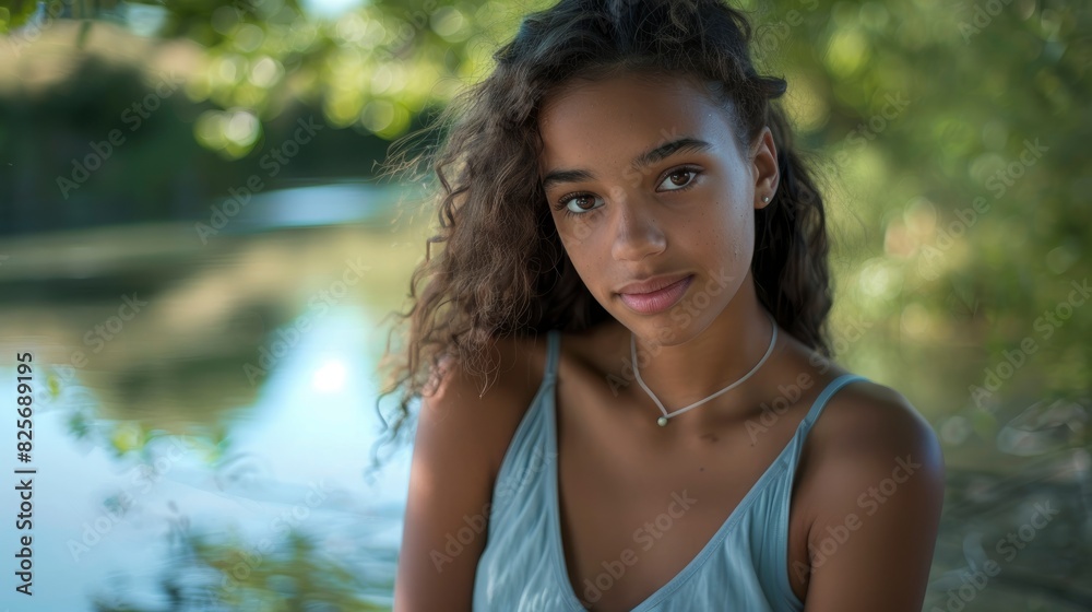 A Mixed-Race Teenage Girl Posed On The Riverside, Her Beauty Enhanced By The Tranquil Surroundings, Hd Images