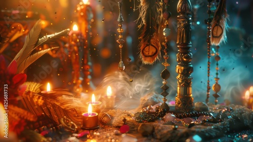 An enchanting close-up of a shaman s ritual space  filled with magical symbols  tools  and artifacts. A witchcraft staff adorned with feathers  beads  