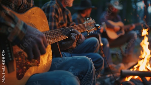 A peaceful evening as the group sings traditional cowboy songs around the campfire with the acoustic guitar and harmonica as their only instruments. photo