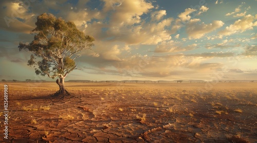 A sobering image capturing the stark reality of global warming's impact on the outback, with cracks and dryness marring the once-thriving landscape, illustrating the urgent need for climate action 