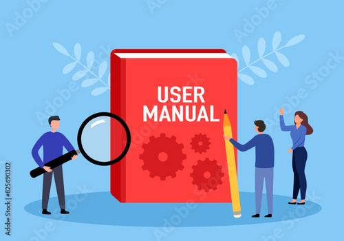 User manual guide book concept vector illustration. People and guidance manual instructions working together with guide book. Specifications user guidance document.