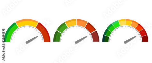 Meter scale with arrow. The measuring device icons set. Sign tachometer, speedometer, indicators. Illustration in flat style. Infographic gauge elements