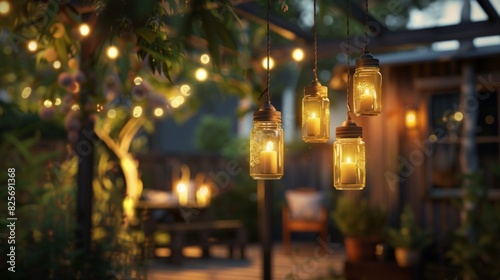 An innovative upcycling idea featuring old mason jars repurposed into charming hanging lanterns, illuminating an outdoor patio with warm, ambient light, adding a touch of rustic elegance to the space. photo