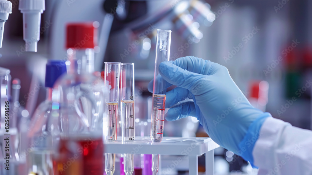 Close-up of a scientist's hands holding a test tube with a solution in a lab Close-up of a scientist's hands holding a test tube with a solution in a lab