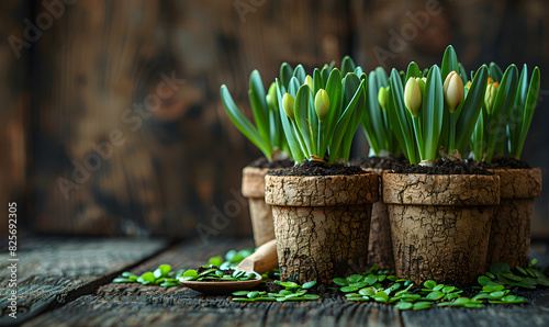 Replanting bulbous plants, gardening concept. Tulip sprouts in pots on a dark background with space for text.