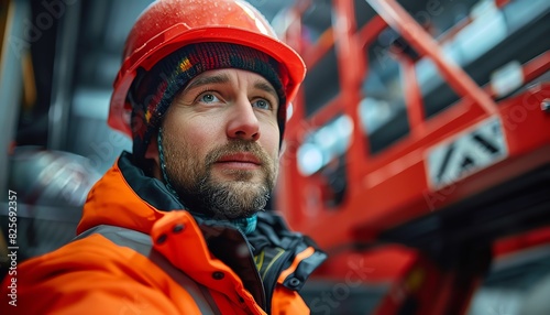 Stunning closeup of a boom lift operator in highvisibility clothing, showcasing modern machinery and safety protocols, ideal for industrial promotions photo