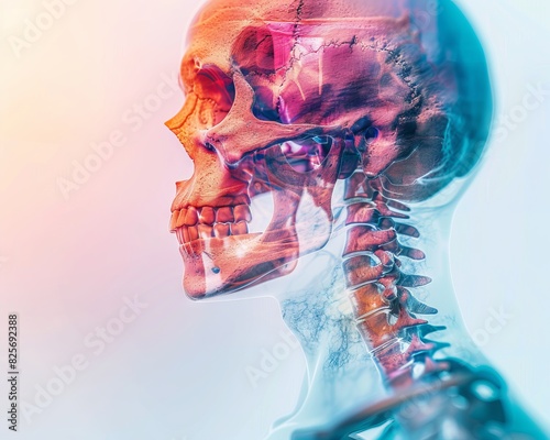Side view of human skull and neck bones with colorful overlay. Medical anatomy concept illustrating skeletal structure and spine. photo