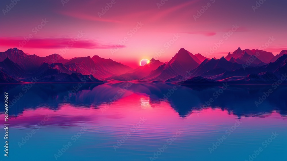 Stunning sunrise over tranquil mountain lake with vibrant pink and purple hues reflecting on the water, creating a peaceful and magical atmosphere.
