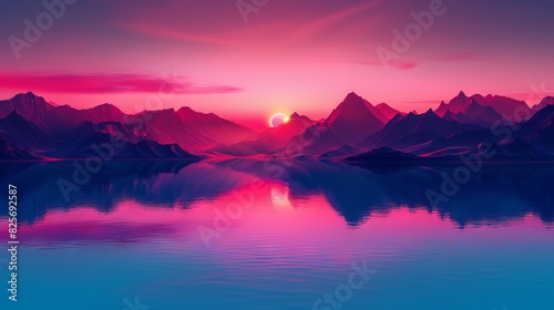 Stunning sunrise over tranquil mountain lake with vibrant pink and purple hues reflecting on the water, creating a peaceful and magical atmosphere. © PTC_KICKCAT