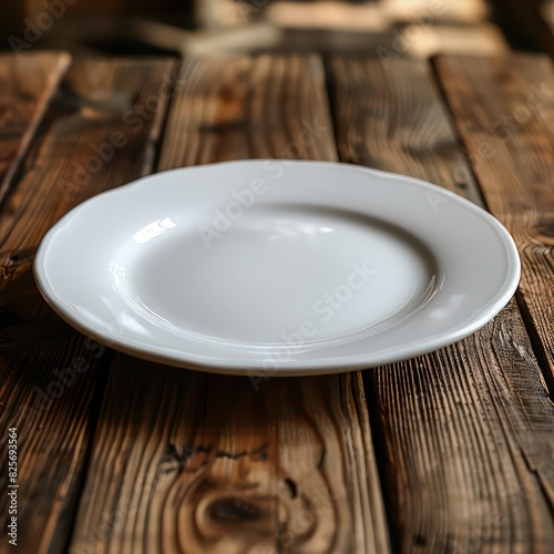 white empty plate on an oak dining table