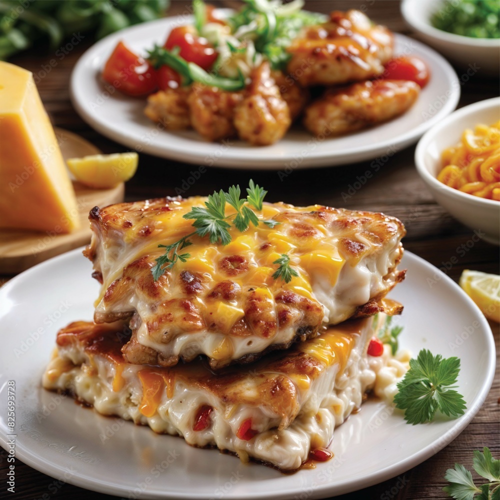 Chicken with melted cheese on a plate. Cheese, meal, food, chicken, plate, delicious, dinner, lunch, meat, gourmet, dish, tasty, homemade, melted, sauce, healthy. Generative Ai. Chicken with melted cheese on a plate. Cheese, meal, food, chicken, plate, delicious, dinner, lunch, meat, gourmet, dish, tasty, homemade, melted, sauce, healthy. Generative Ai.