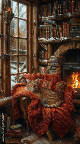 Capture a cozy reading nook overflowing with books, a cat curled up beside a warm fireplace, embodying the spirit of Book Lover Day