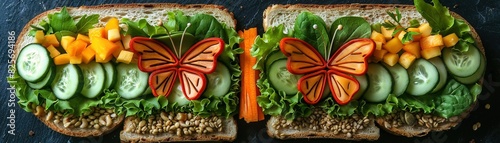 Butterfly sandwich platter, with wings of multigrain and veggie stick antennae photo
