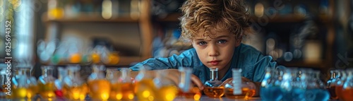 Boy experimenting with a science kit, home setting, space for at home educational products photo