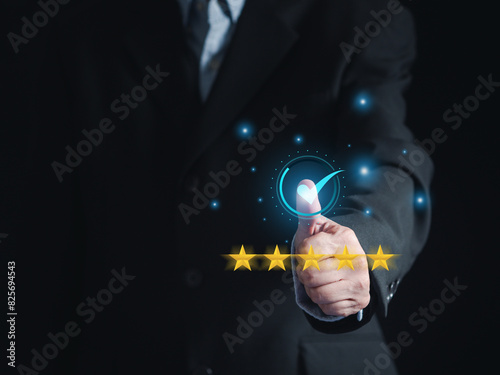 Businessman shows the sign of the top service quality assurance 5-star guarantee good service, high quality. Satisfaction Rating. Quality Assurance Concept. ISO certification and standardization. 

