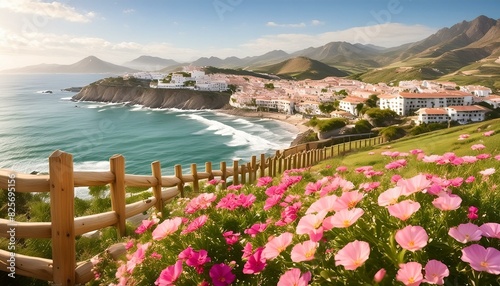 Seaside town in Spain with flowers, fences and ocean in the background,sea, beach, landscape, coast, water, travel, view, summer, island