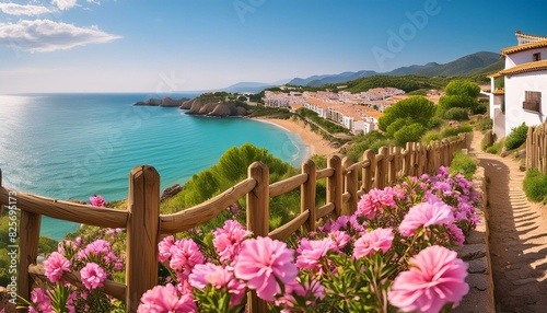 Seaside town in Spain with flowers, fences and ocean in the background,beach, coast, water, sky, landscape, ocean, summer, 