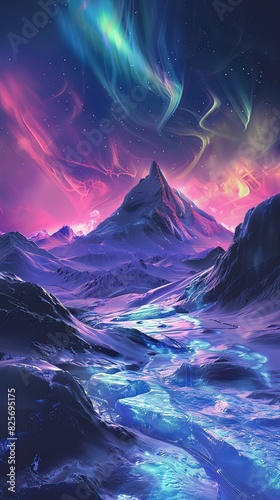 An ice realm where the aurora borealis colors everything, creating a vibrant, glowing landscape photo