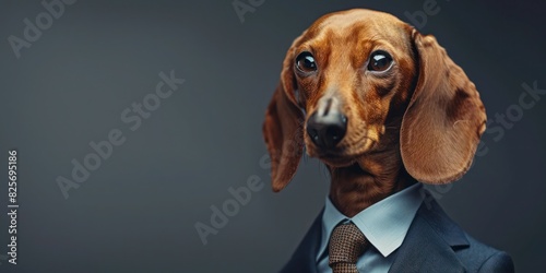 Portrait of a Dachshund dog dressed in a formal business suit. 