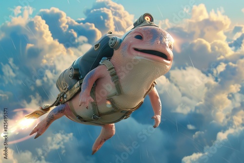 An animated slowpoke with a jetpack, hilariously flying at high speed against a backdrop of fastmoving clouds in the sky photo
