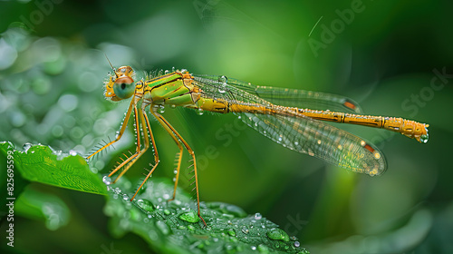 Close-up of a colorful dragonfly perched on a green leaf with dew drops