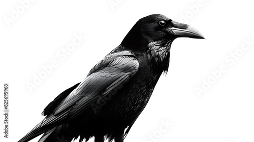 A sleek crow standing tall against a pristine white backdrop, its sharp beak and intelligent eyes capturing the essence of its bold and confident demeanor. photo