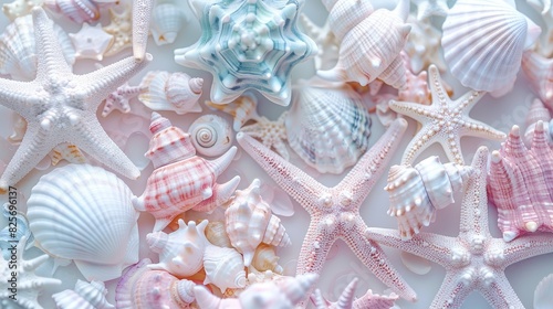 Abstract background of pastel colored starfish and seashells. Beautiful background 