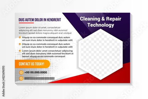 cleaning and repair technology banner. hexagon space for photo. Correction of errors in program, answers to questions from users and customers, consultation. horizonal layout flyer vector illustration