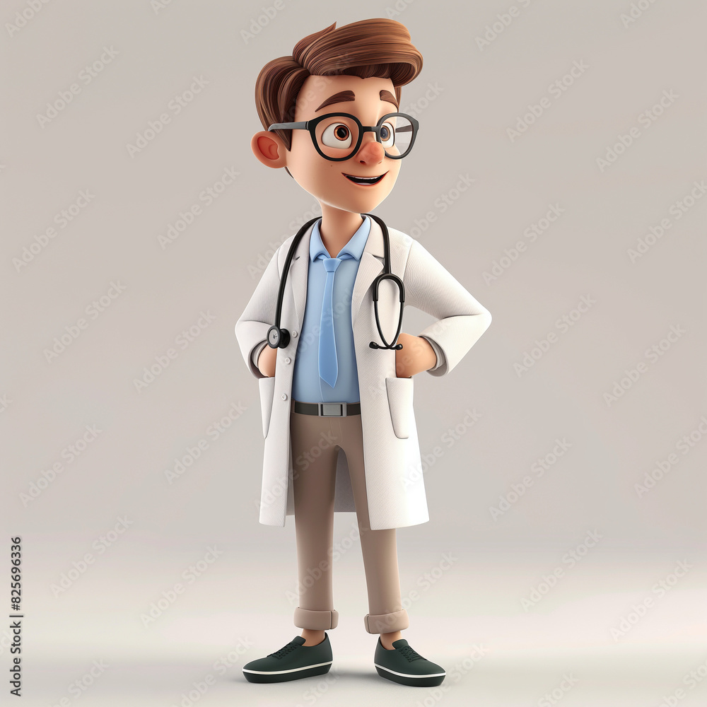 3d doctor cartoon character with white coat with stethoscope
