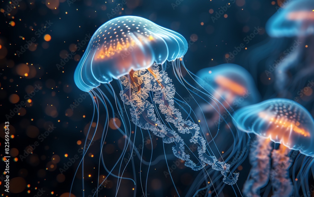 Obraz premium Tranquil scene of jellyfish drifting in azure waters.