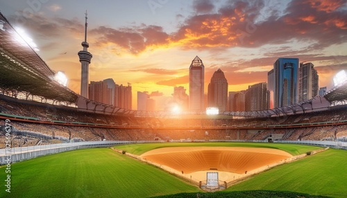 Sunset at the Baseball Stadium with City Skyline View,city, architecture, skyline, building, night, sunset, sky, skyscraper, moscow, 