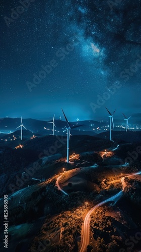 Aerial night shot of a litup wind farm  showing sustainable energy working around the clock