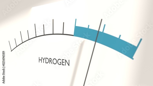 Hydrogen chemical element level on measure scale. Instrument scale with arrow. Zero emission fuel for vehicles. 3D render