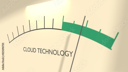 Cloud technology development level on measure scale. Instrument scale with arrow. Concept of cloud computing or IOT. 3D render