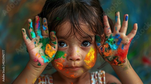 A Small Girl Playing With Colors  Her Hands And Face Covered In Vibrant Paint  Reflecting Her Creative Joy  Hd Images