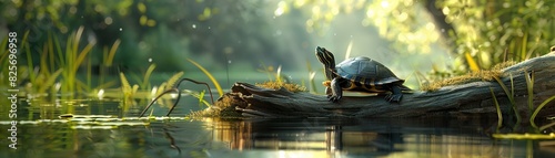 A turtle with the feathers of a duck, basking on a sunlit log in a quiet pond, 3D illustration photo