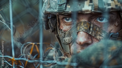 A soldier gazes through a fence, the barrier between the safety of the base and the uncertainties of the field