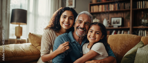 grandpa with his daughter and his granddaughter, happy family, sitting on couch and hugging each other, woman age 34 and kid girl age 6 and grandfather age 60